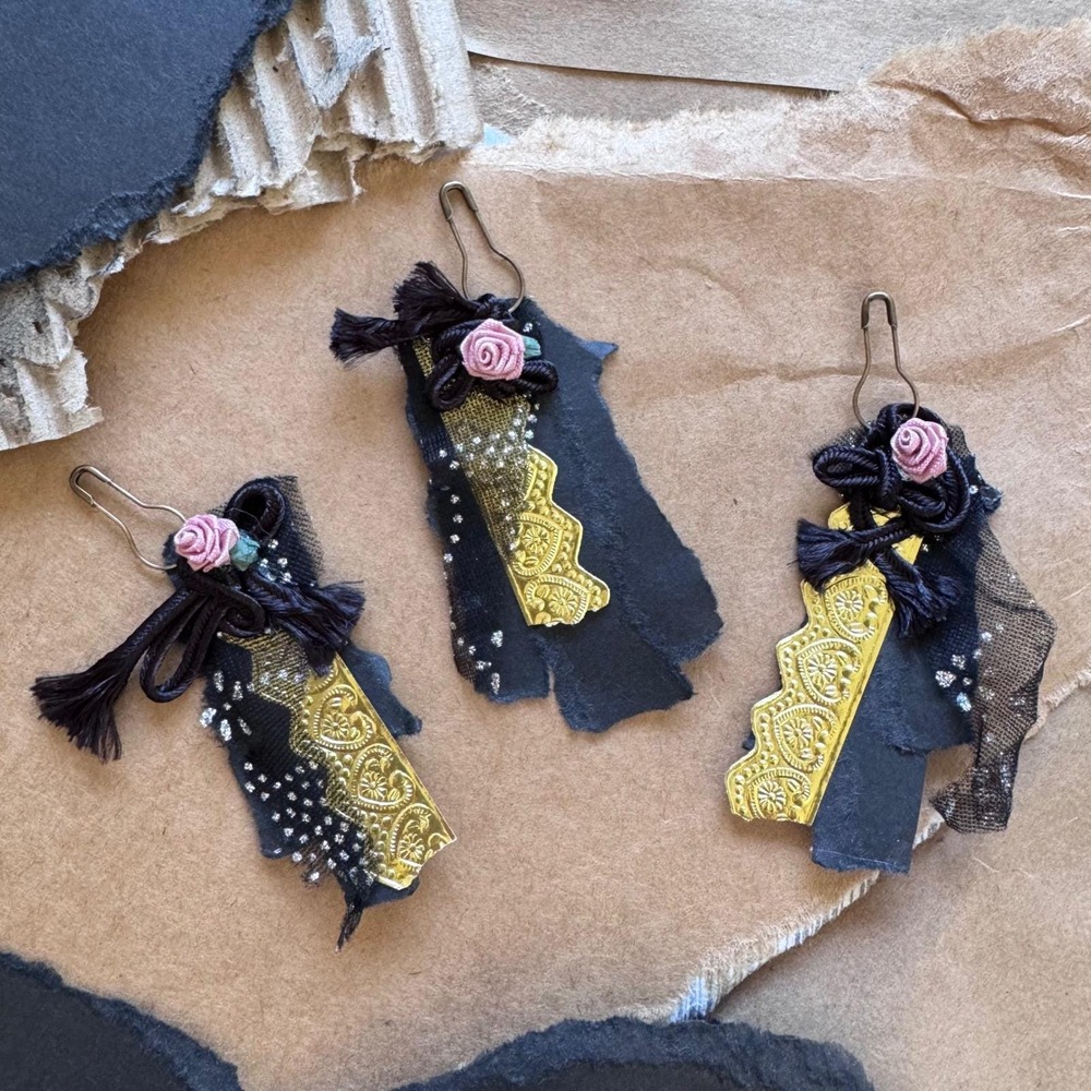Set of three scrappy gothic tags tattered goth gold and black roses mesh journal